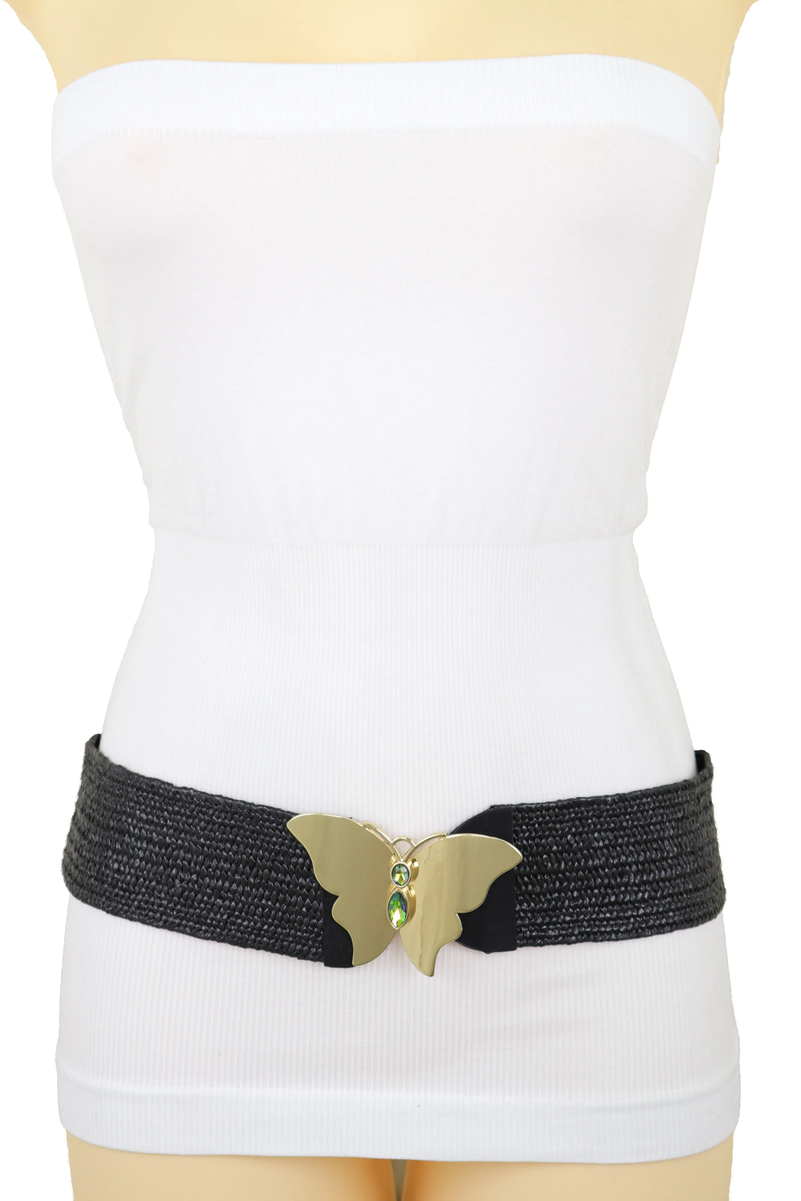 Black Stretch Band High Waist Hip Belt Gold Metal Butterfly Buckle Fit S M