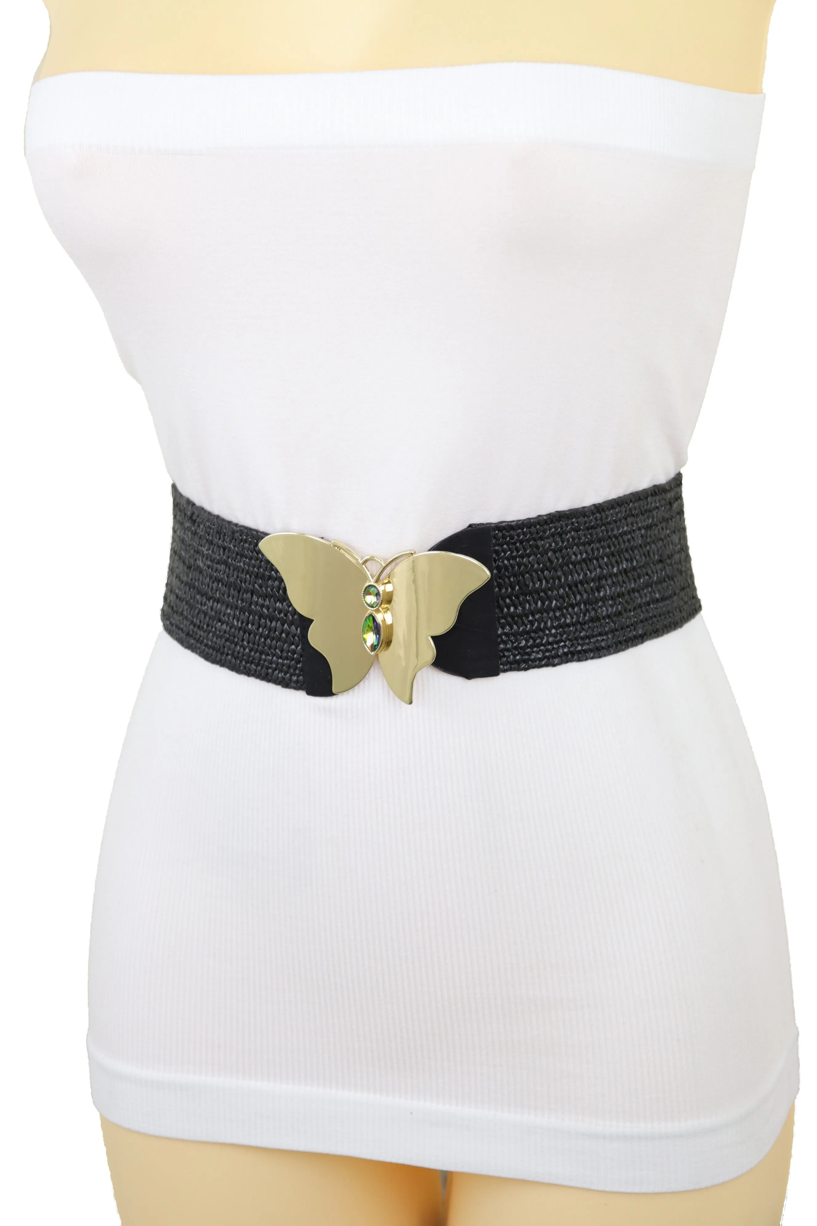 Black Stretch Band High Waist Hip Belt Gold Metal Butterfly Buckle Fit S M