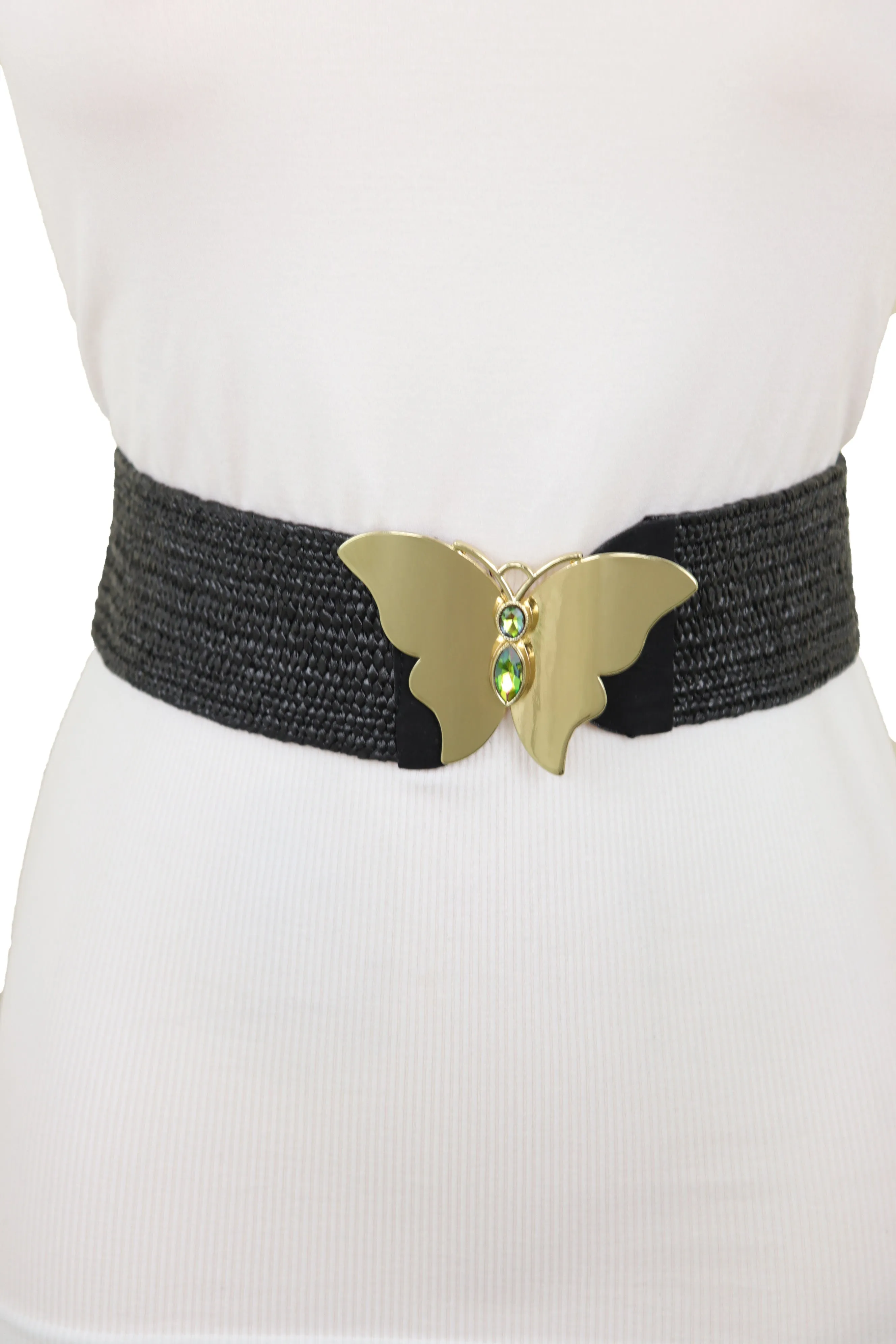 Black Stretch Band High Waist Hip Belt Gold Metal Butterfly Buckle Fit S M