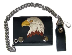 EMBROIDERED EAGLE HEAD TRIFOLD LEATHER WALLET WITH CHAIN