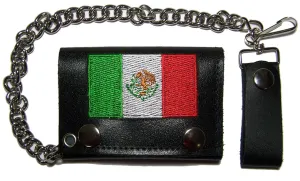 EMBROIDERED MEXICO FLAG TRIFOLD LEATHER WALLET WITH CHAIN