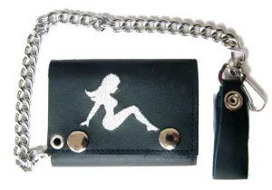 EMBROIDERED MUD FLAP TRUCKER GIRL TRIFOLD LEATHER WALLET WITH CHAIN