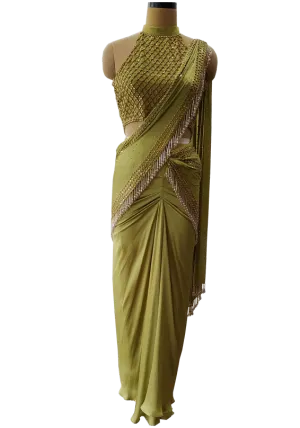 Olive Green Saree with Halter Crystal Blouse Set