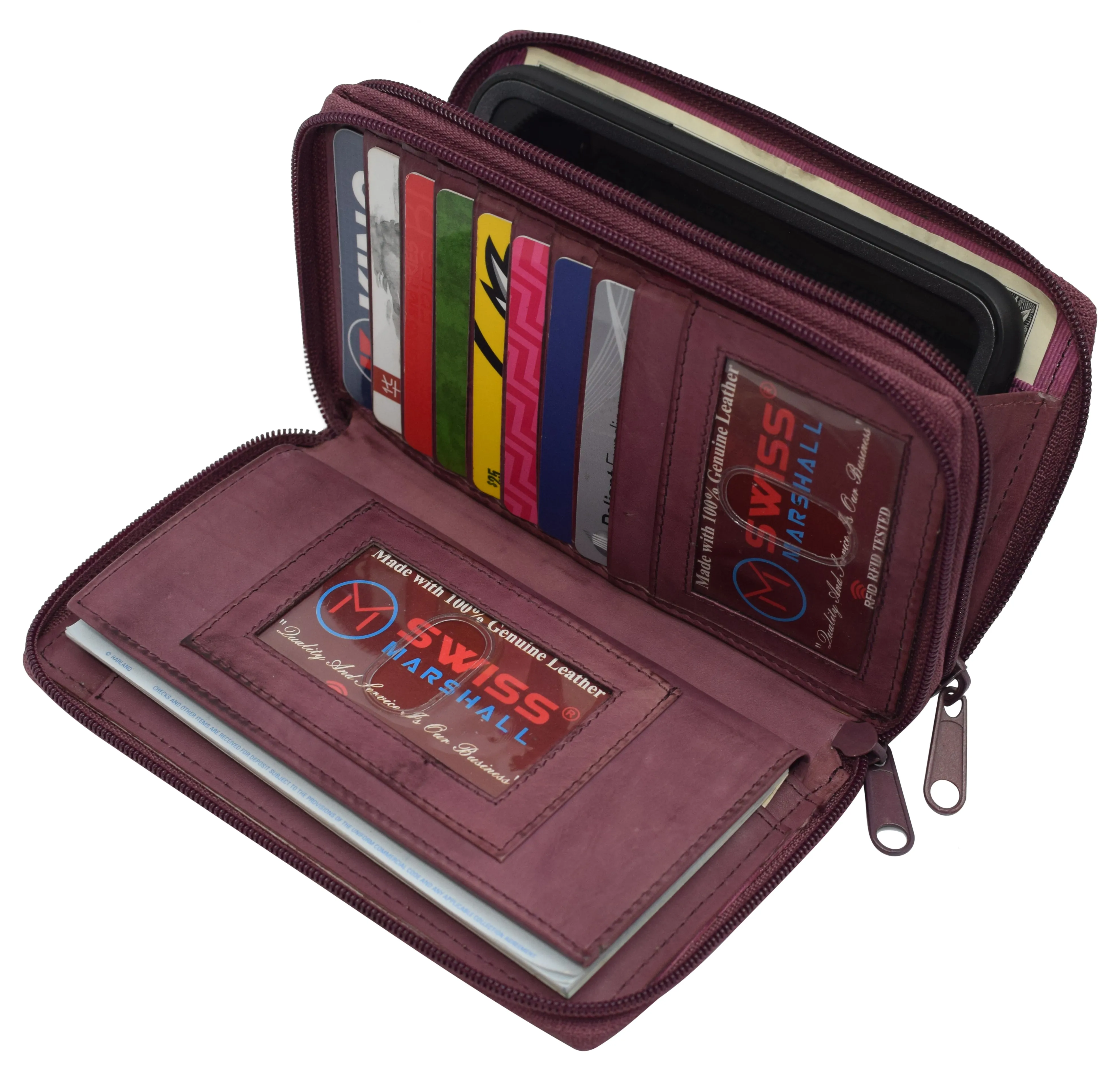 RFID59L4575 Women's RFID Blocking Double Zipper Smartphone Leather Wallet with Removable Checkbook Holder