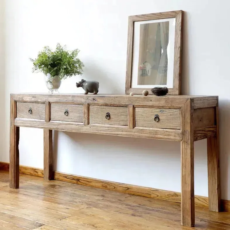 Rustic Elm Wood Four Drawers Console Table Rush