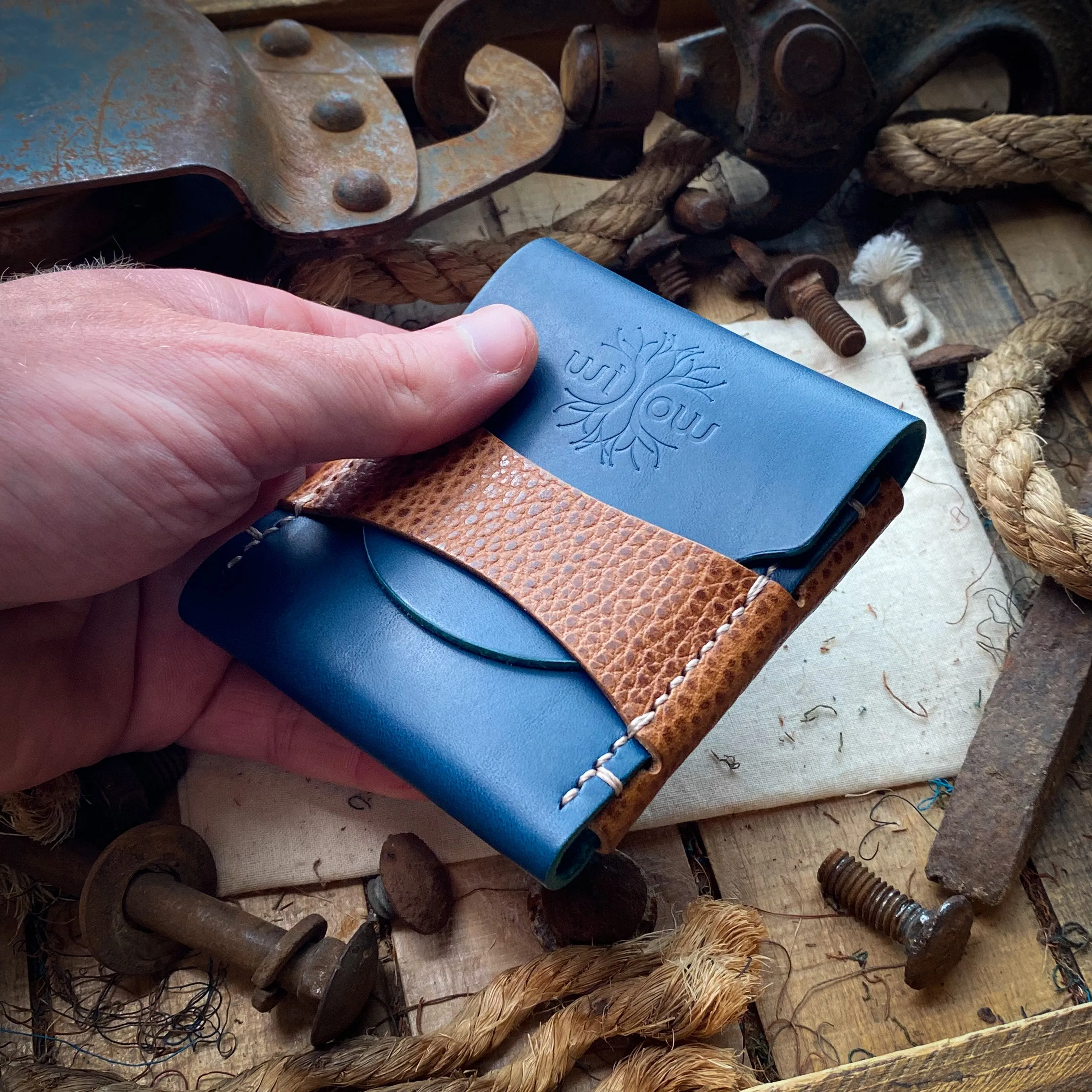 Wide Luxe Minimalist Wallet - Ocean Blue and Whiskey Dollaro