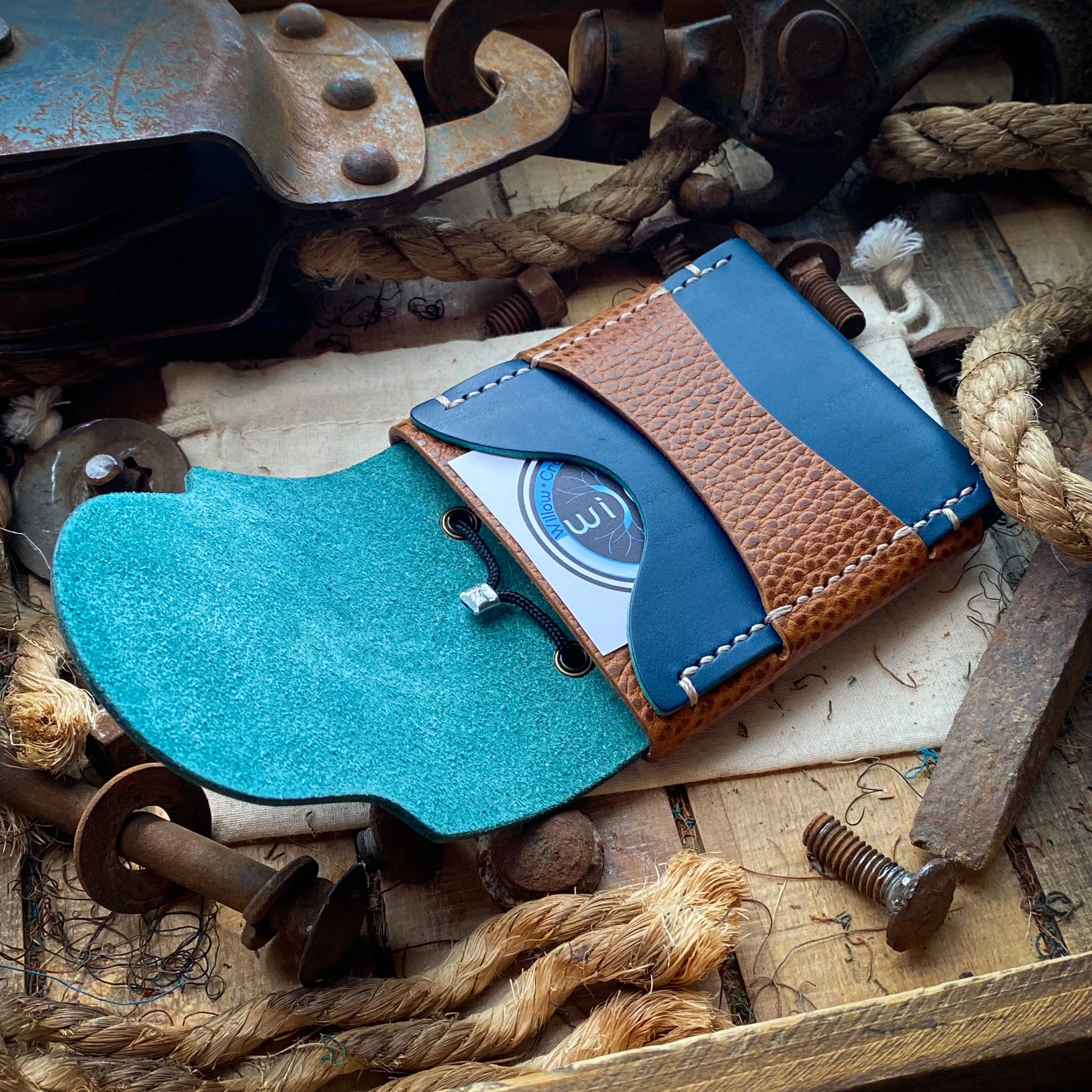 Wide Luxe Minimalist Wallet - Ocean Blue and Whiskey Dollaro