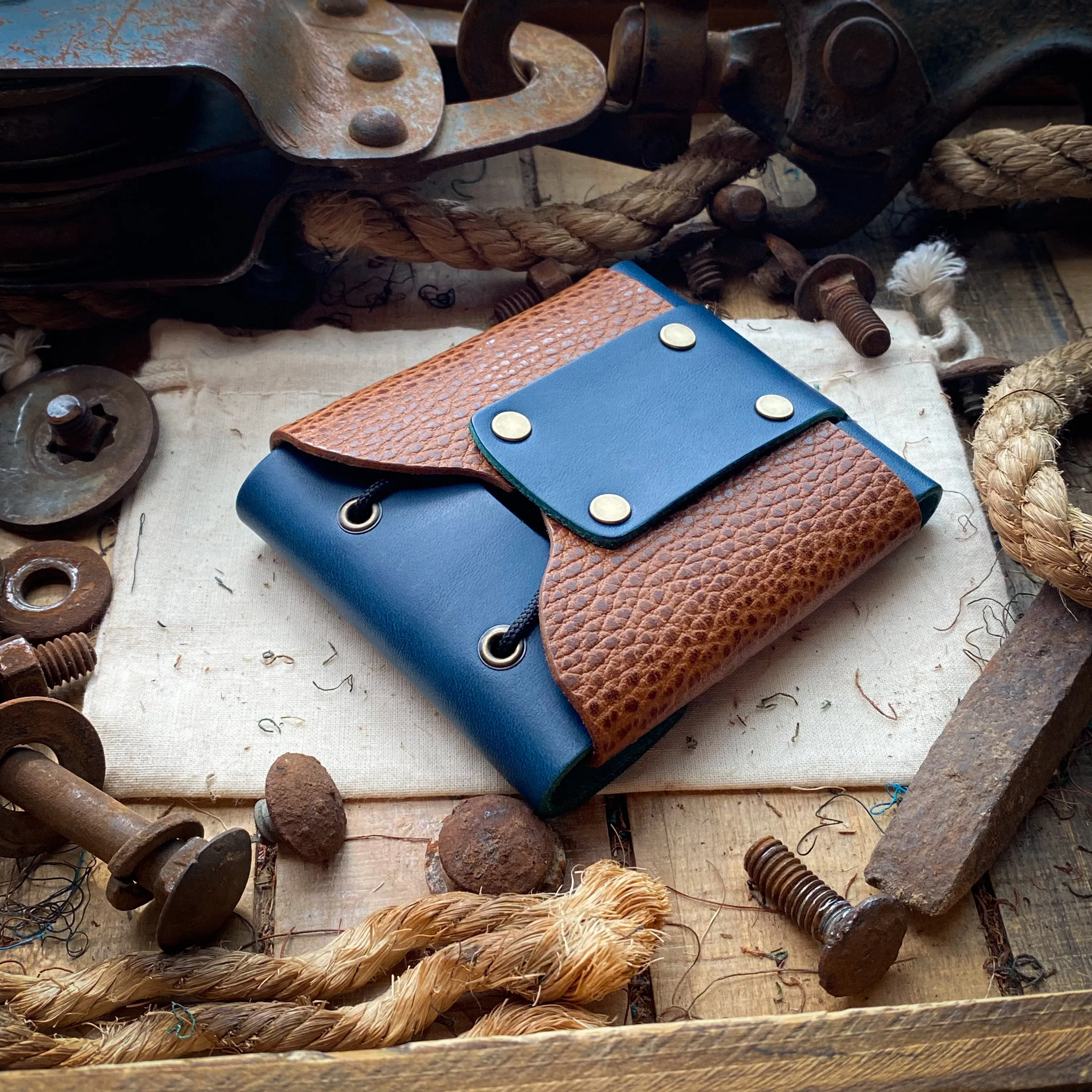 Wide Luxe Minimalist Wallet - Ocean Blue and Whiskey Dollaro