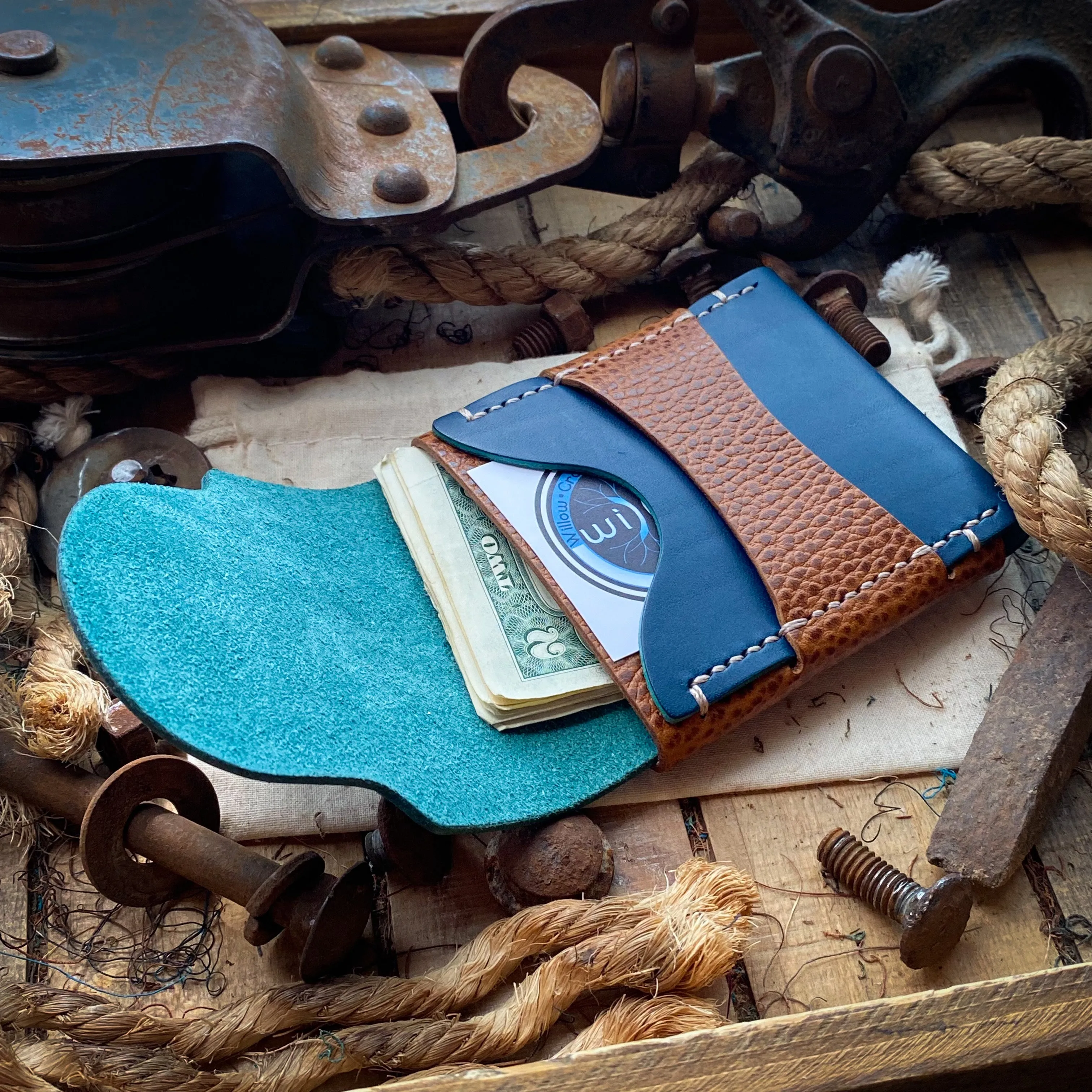 Wide Luxe Minimalist Wallet - Ocean Blue and Whiskey Dollaro