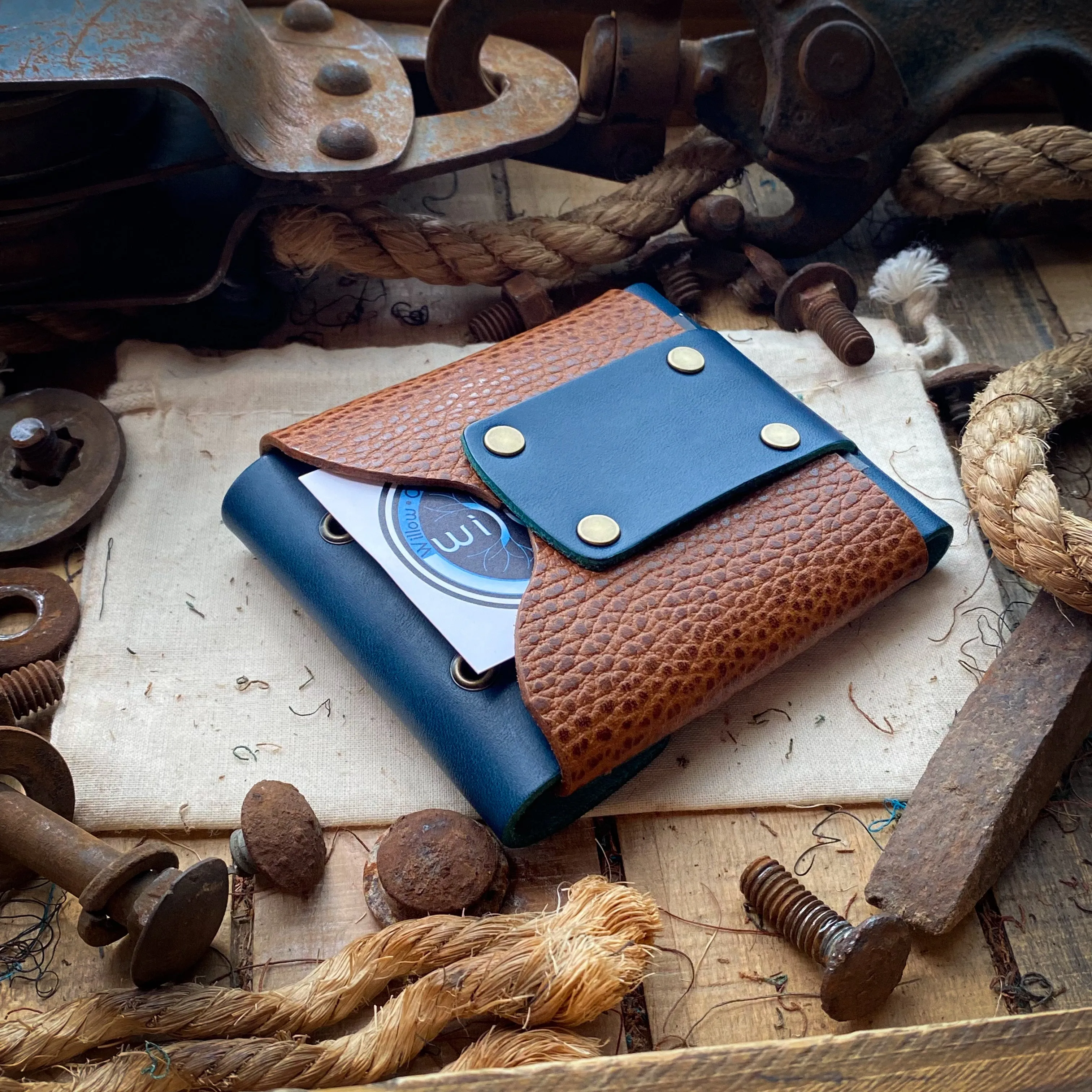 Wide Luxe Minimalist Wallet - Ocean Blue and Whiskey Dollaro